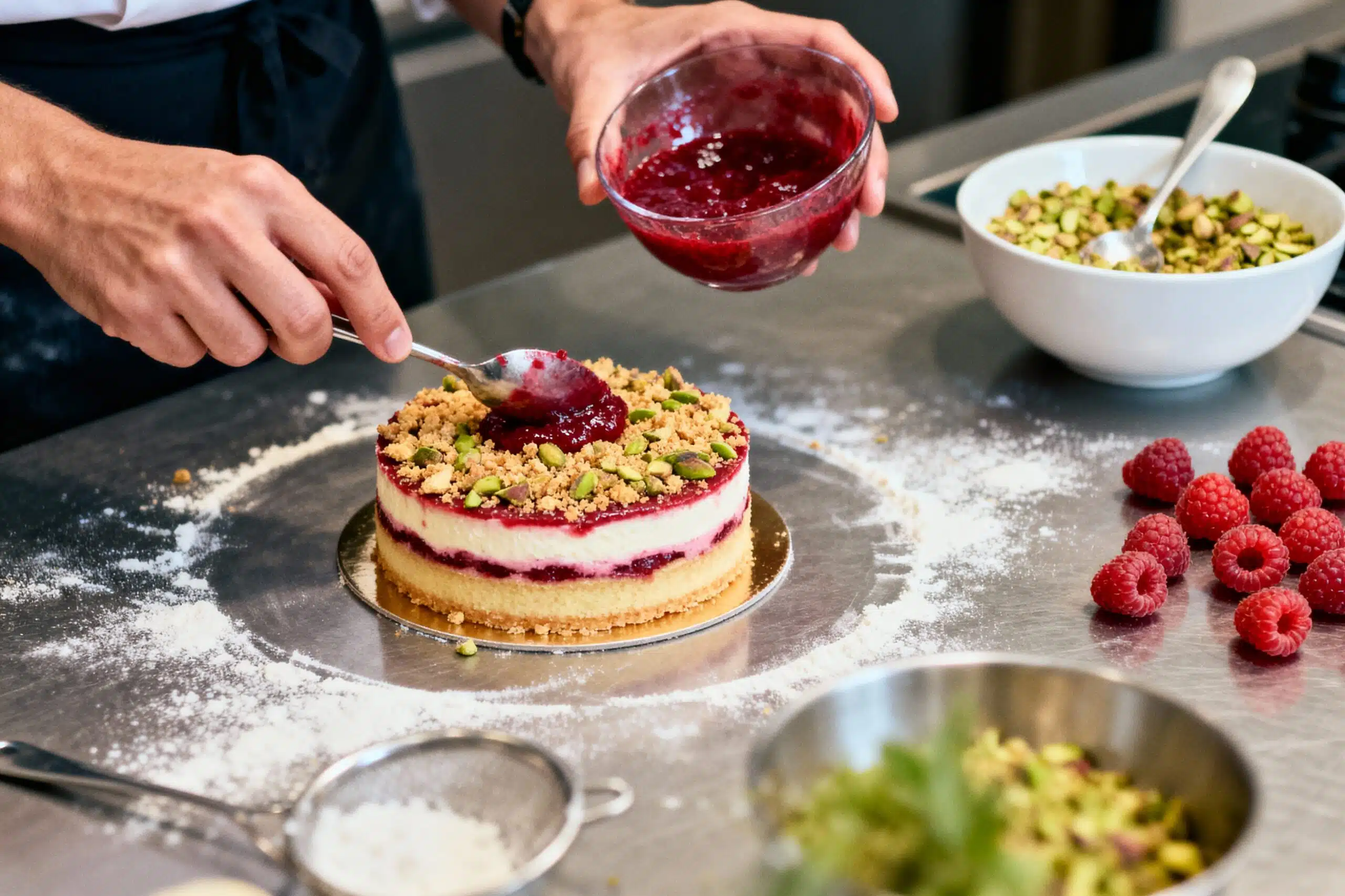 Comment préparer un entremet framboise-pistache croustillant ?