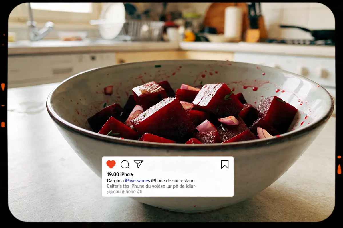 Salade de betteraves et oignons rouges dans un bol blanc, cuisine floue en arrière-plan.