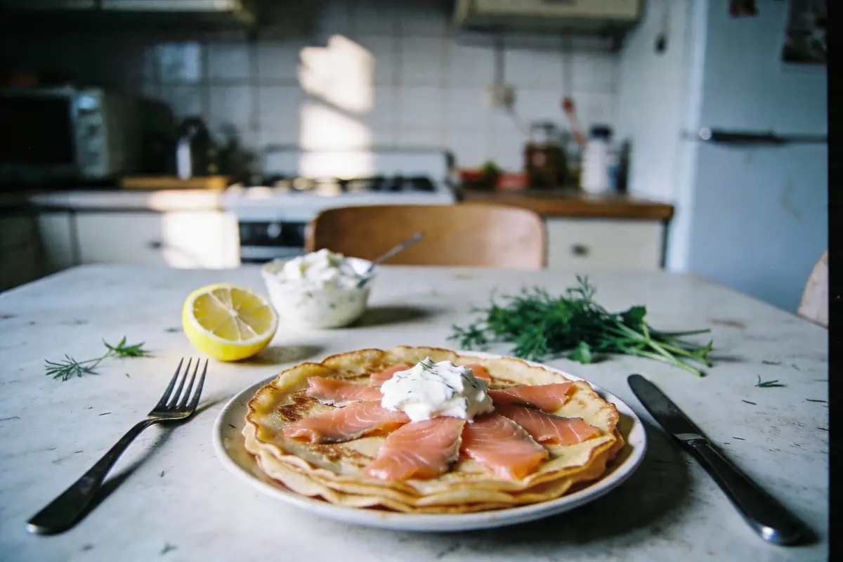 Crêpes avec saumon fumé, crème fraîche, citron, et aneth dans une cuisine rustique éclairée.