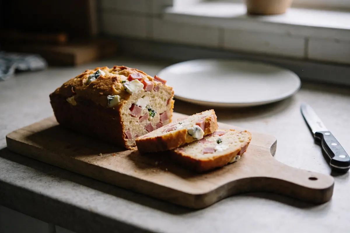 Pain aux légumes et fromage sur planche en bois, couteau à côté, assiette en arrière-plan.