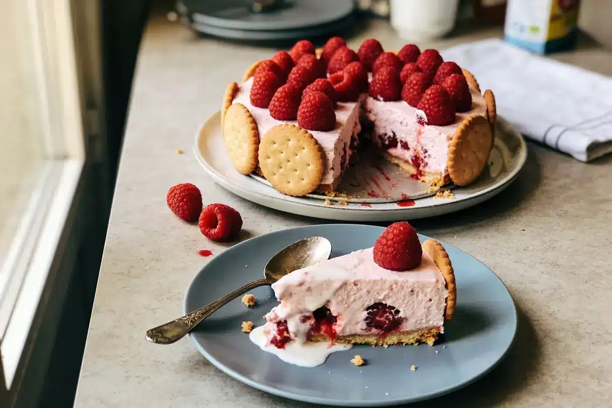 Gâteau framboise rose avec biscuits, assiette bleue, cuillère, crème, et décoration de framboises.
