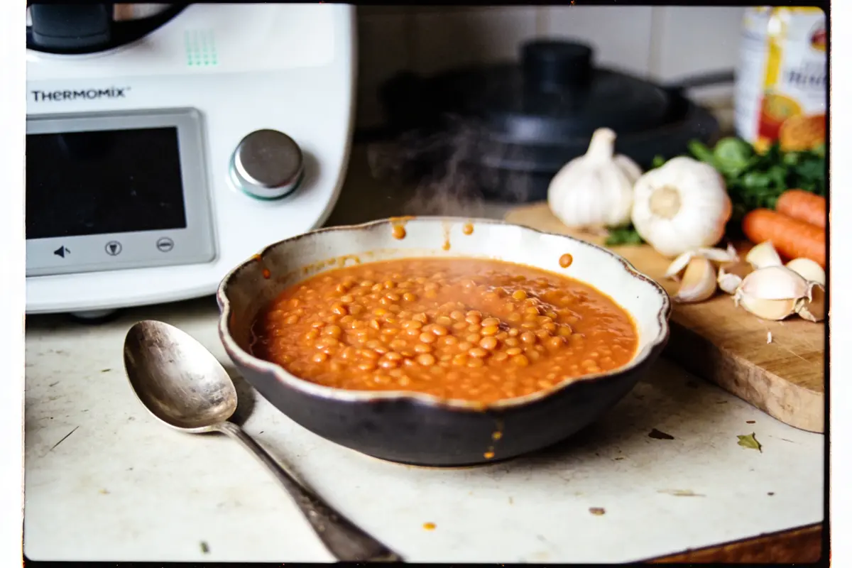 Bol fumant de lentilles en sauce tomate, cuillère, Thermomix, ail, carottes et légumes sur planche.