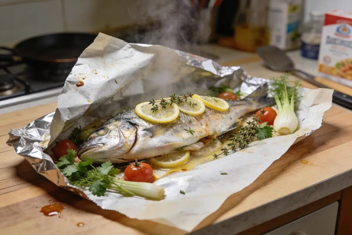 Poisson entier cuit en papillote avec citron, herbes, tomates cerises et céleri sur planche de cuisine.
