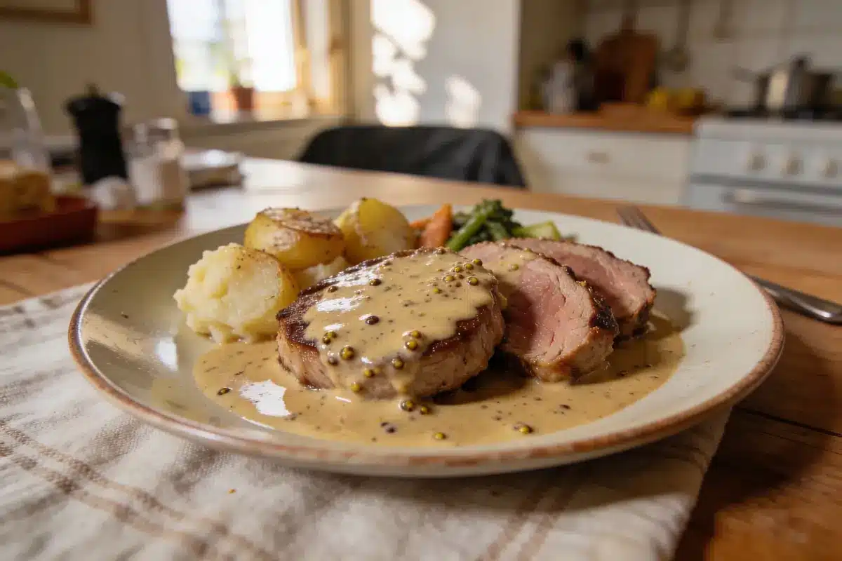 Assiette avec filet mignon sauce moutarde, pommes de terre, purée et légumes verts, sur table en bois.