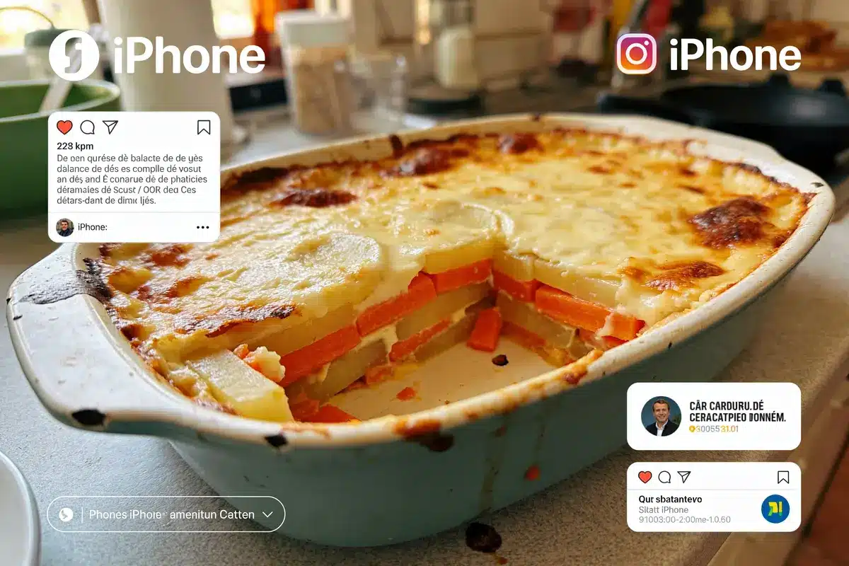Plat à gratin avec couches de pommes de terre, patates douces, carottes; effets visuels imitant publications Instagram.