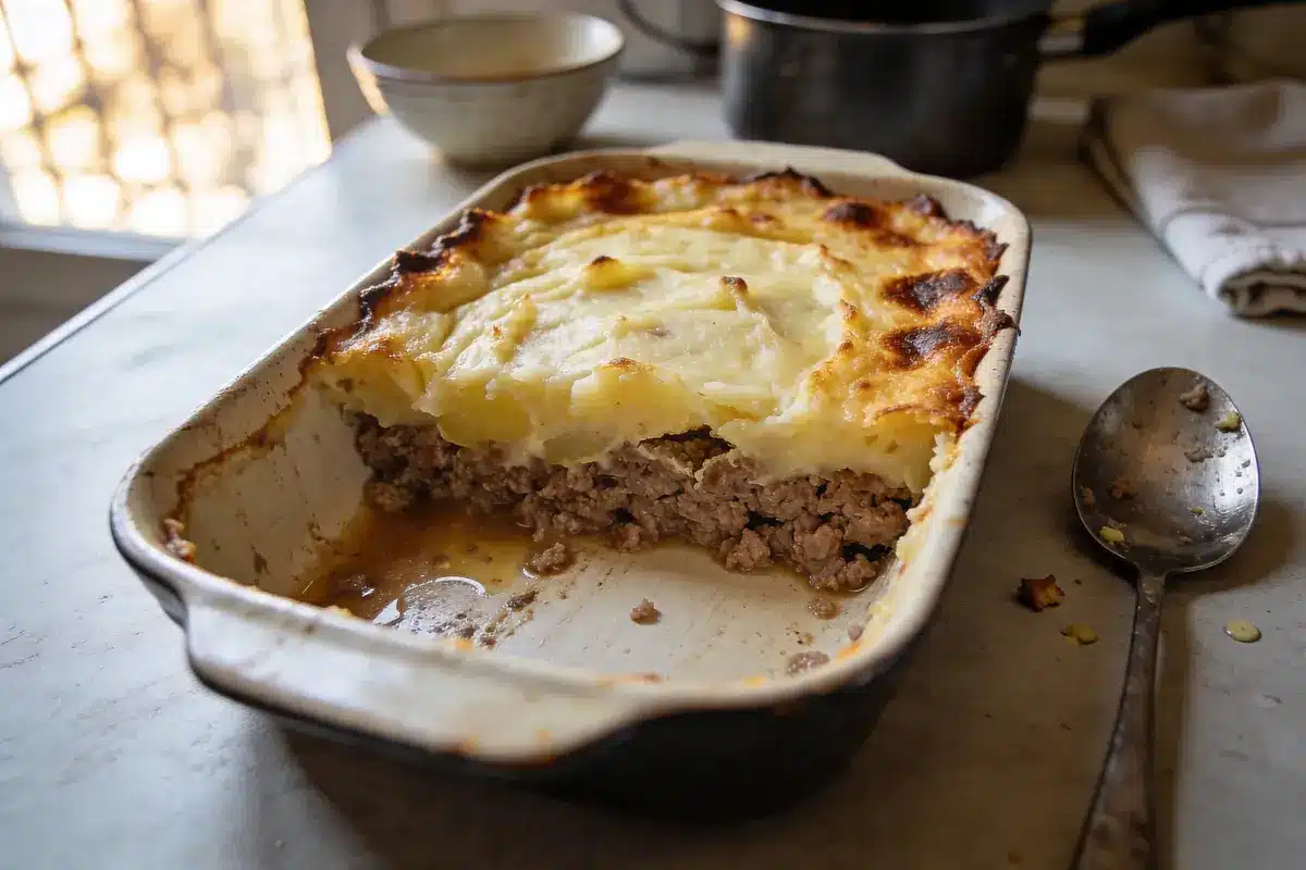 Plat de hachis Parmentier à moitié servi, dans un plat céramique, avec une cuillère à côté.