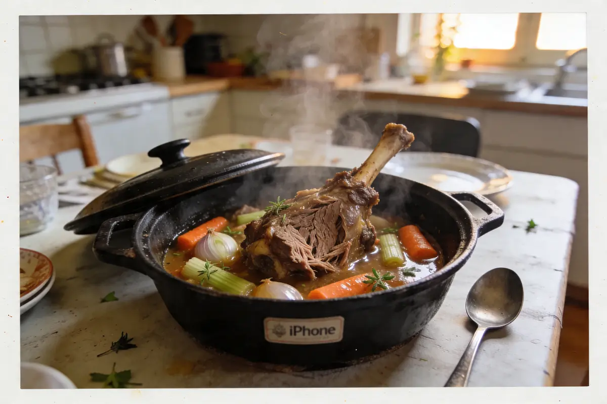 Plat mijoté avec viande, carottes, céleri, et oignons dans une cocotte noire, cuisine en arrière-plan.