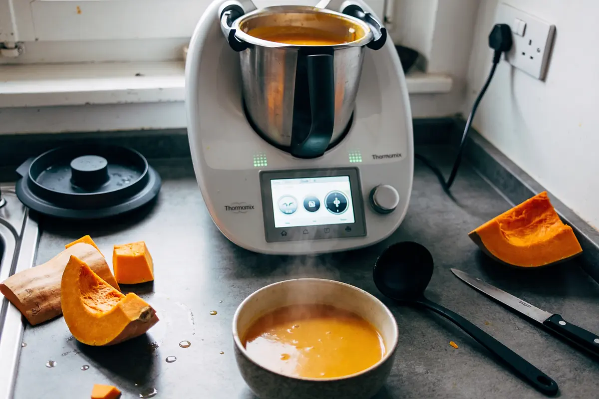Thermomix sur le plan de travail, potage de potiron dans bol, morceaux de potiron et ustensiles autour.