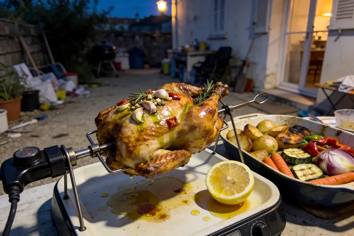Poulet rôti sur broche avec herbes, ail et citron. Légumes grillés à côté, en extérieur.