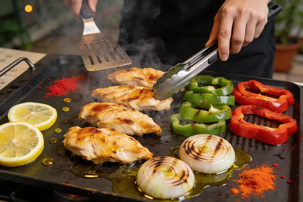 Personne cuisinant poulet, poivrons et oignons grillés sur une plaque avec citron et épices.