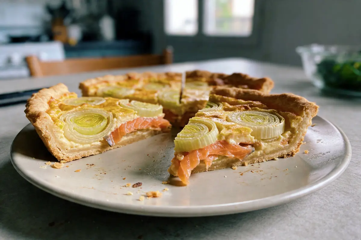 Tarte saumon et poireaux sur assiette blanche, fond de cuisine flou.
