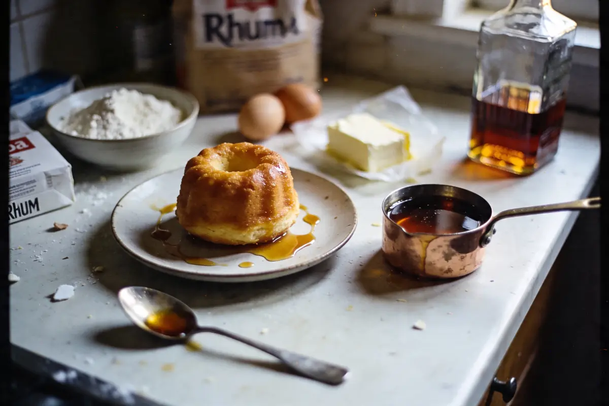 Gâteau imbibé de rhum sur assiette, avec ingrédients pâtisserie : œufs, farine, beurre, rhum, cuillère et casserole.
