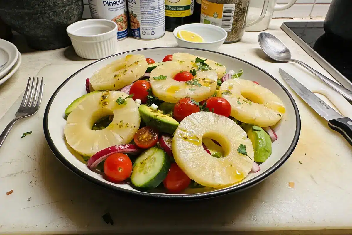 Assiette de salade colorée avec ananas, tomates, concombres, avocat, oignons rouges et herbes. Objets de cuisine autour.