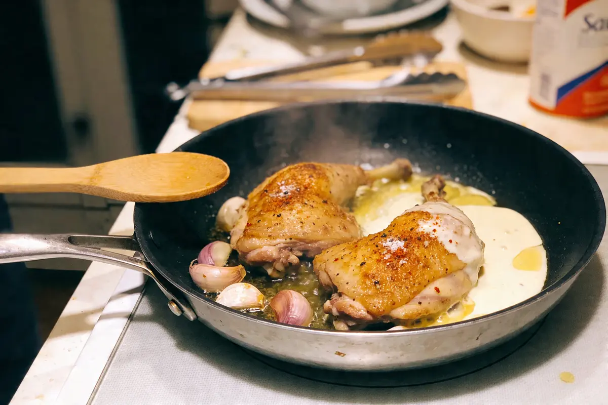 Cuisse de poulet poêlée avec ail, accompagnée de sauce crémeuse, sur la cuisinière.