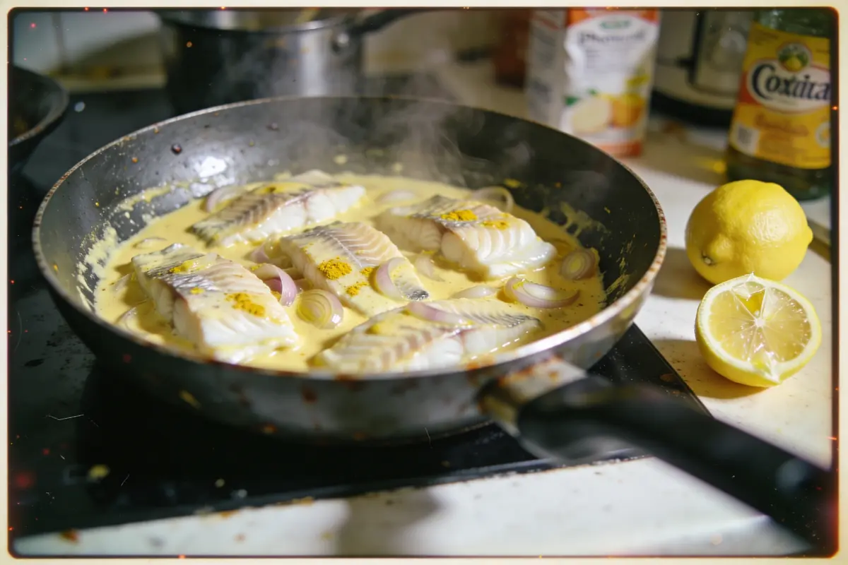 Poisson mijotant dans une sauce crémeuse avec rondelles d’oignon, citron à côté, sur une cuisinière.