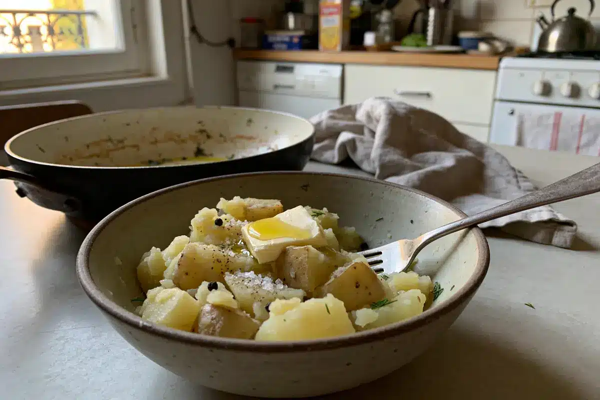 Bol de pommes de terre assaisonnées, beurre, fourchette sur table de cuisine, lumière naturelle.