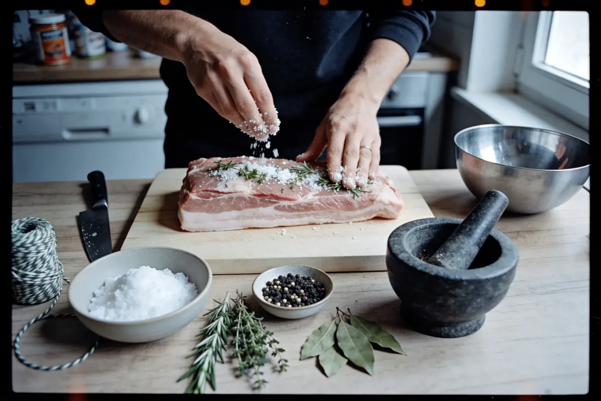 Personne assaisonnant du porc avec du romarin, sel, poivre, en préparation culinaire sur planche de cuisine.