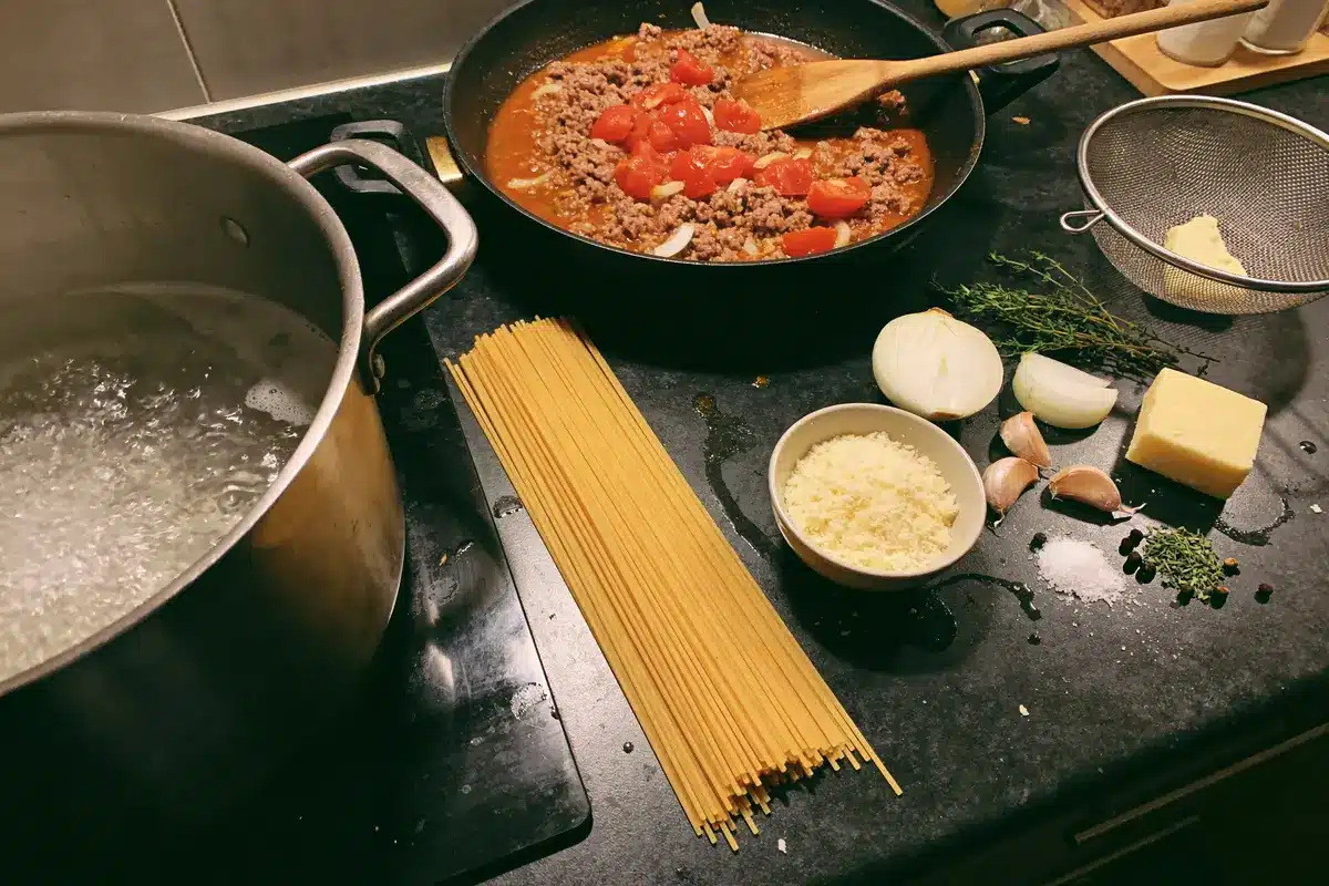 Cuisson de pâtes avec sauce tomate, viande hachée, herbes, oignon, ail, fromage râpé et beurre.