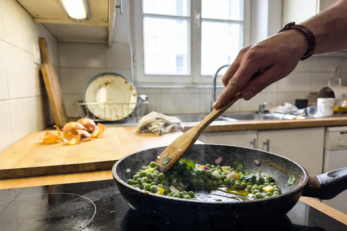 Personne cuisine des légumes verts dans une poêle sur une cuisinière, planche et oignons à l'arrière-plan.