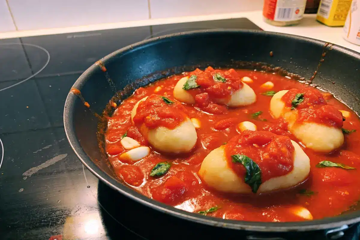Quatre quenelles dans une sauce tomate avec basilic dans une poêle sur une cuisinière.