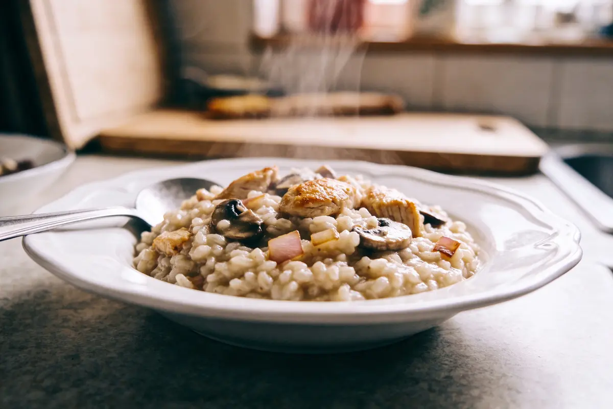 Assiette de risotto crémeux aux champignons, poulet et lardons fumants, servie sur une table de cuisine.