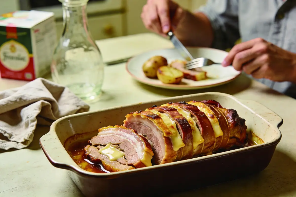 Rôti de viande tranché avec fromage fondu, assiette de pommes de terre, personne à table, carafe et serviette.