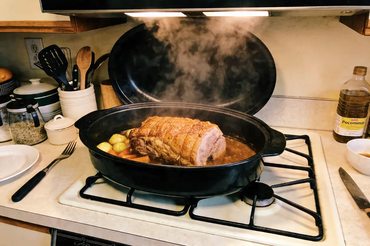 Rôti fumant dans une cocotte noire sur la cuisinière, avec légumes et huile près des ustensiles de cuisine.