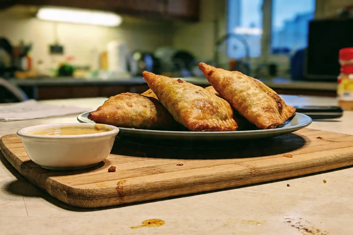 Assiettes de samoussas dorés avec sauce, posées sur une planche en bois dans une cuisine.