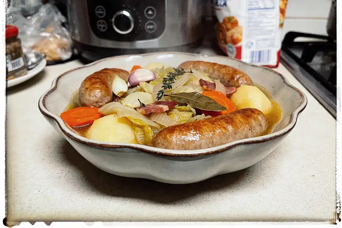 Assiette de pot-au-feu avec saucisses, pommes de terre, carottes et herbes, sur un plan de travail de cuisine.