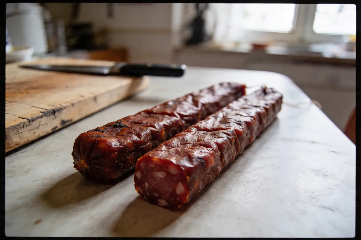 Deux saucissons coupés sur une table, couteau en arrière-plan. Cuisine lumineuse.