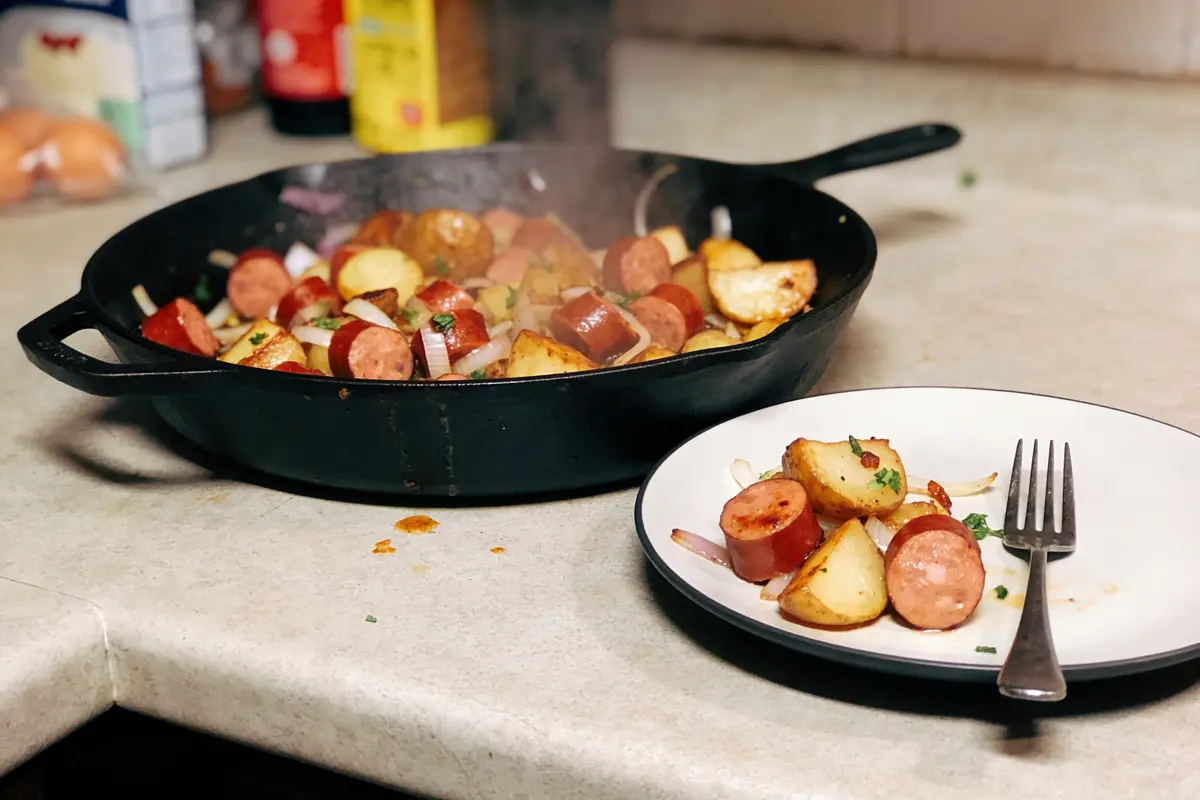 Poêlée de saucisses et pommes de terre avec oignons, servie sur une assiette avec une fourchette.
