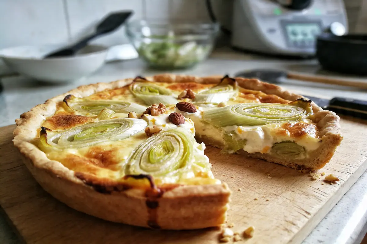 Quiche aux poireaux sur planche en bois, avec une part manquante. Assiette et bol flous en arrière-plan.