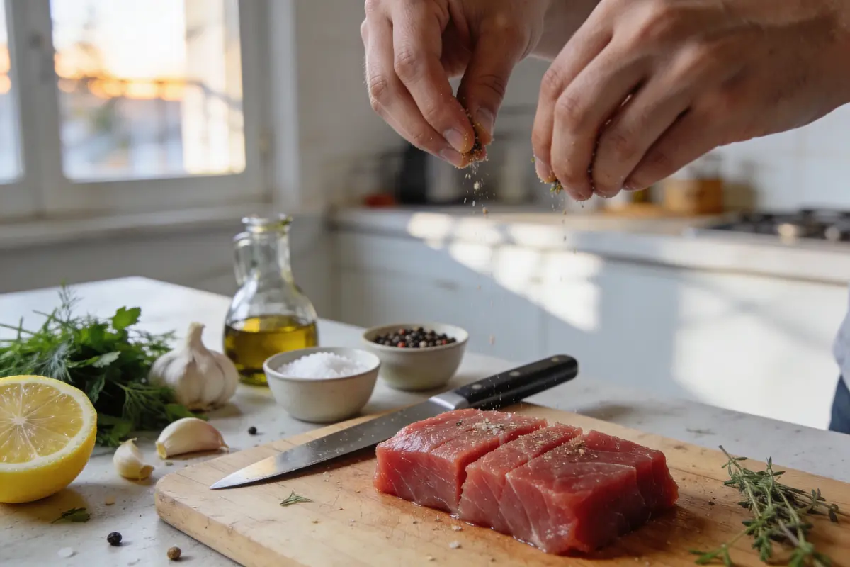 Main saupoudrant des épices sur du thon cru sur une planche, ingrédients frais autour.