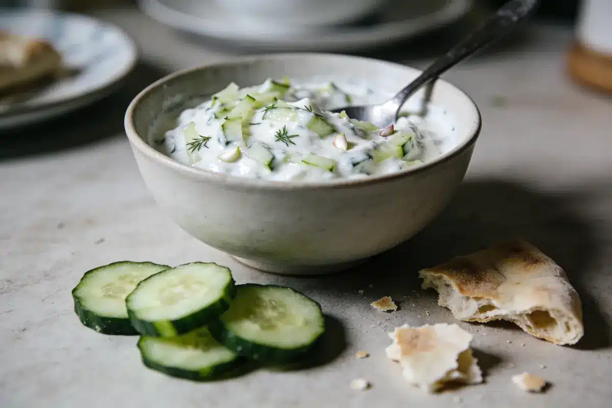 Bol de tzatziki avec cuillère, rondelles de concombre, pain pita sur table.