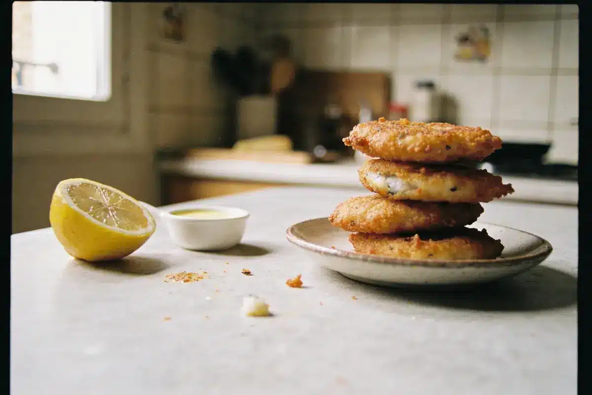 Quatre galettes empilées sur une assiette, demi-citron et sauce, cuisine en arrière-plan.
