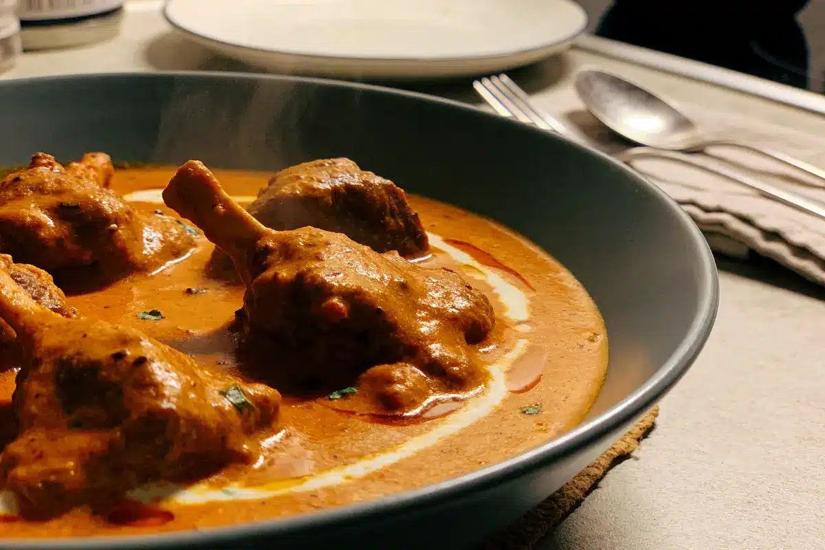 Plat de viande en sauce épicée, servi dans un bol avec une cuillère en arrière-plan.