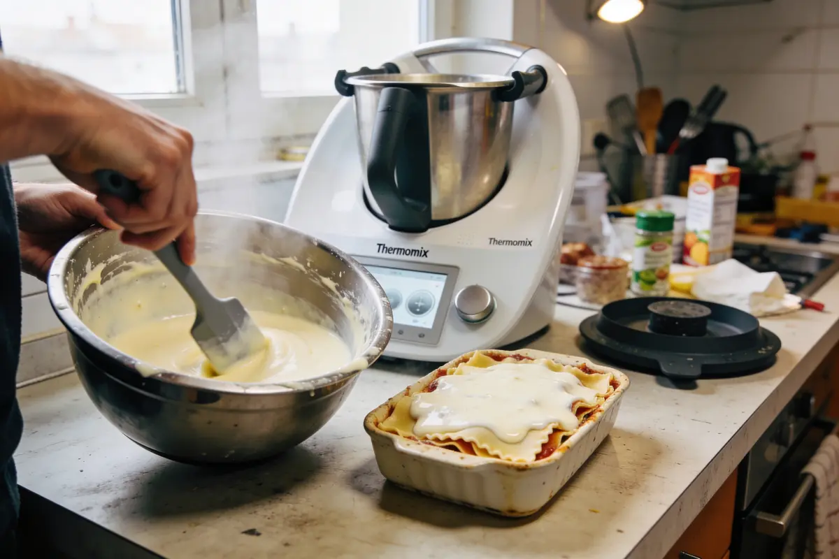 Personne préparant sauce dans bol, Thermomix et lasagne sur plan de travail en cuisine.