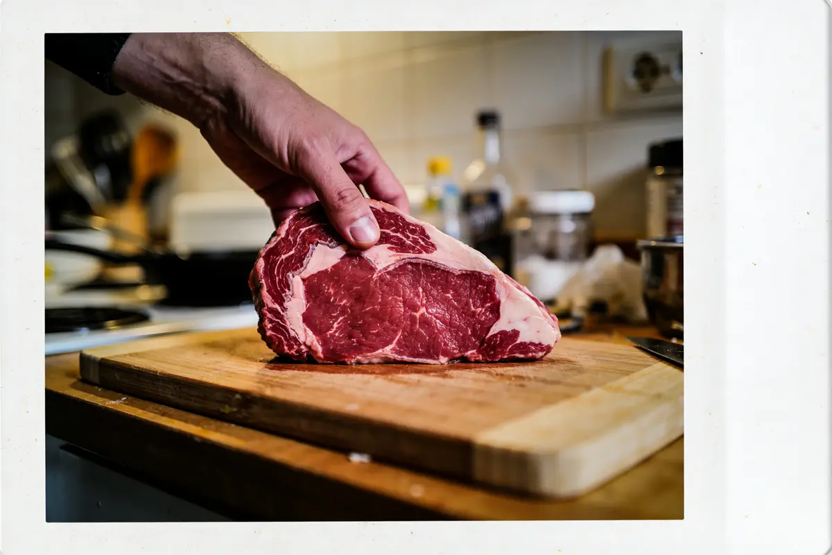 Main tenant un morceau de viande crue sur planche bois dans une cuisine.