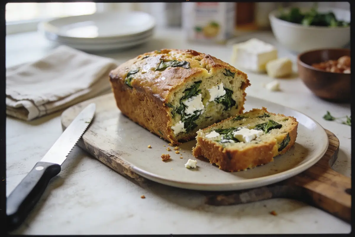 Pain aux épinards et fromage sur une planche, avec couteau et assiettes en arrière-plan.