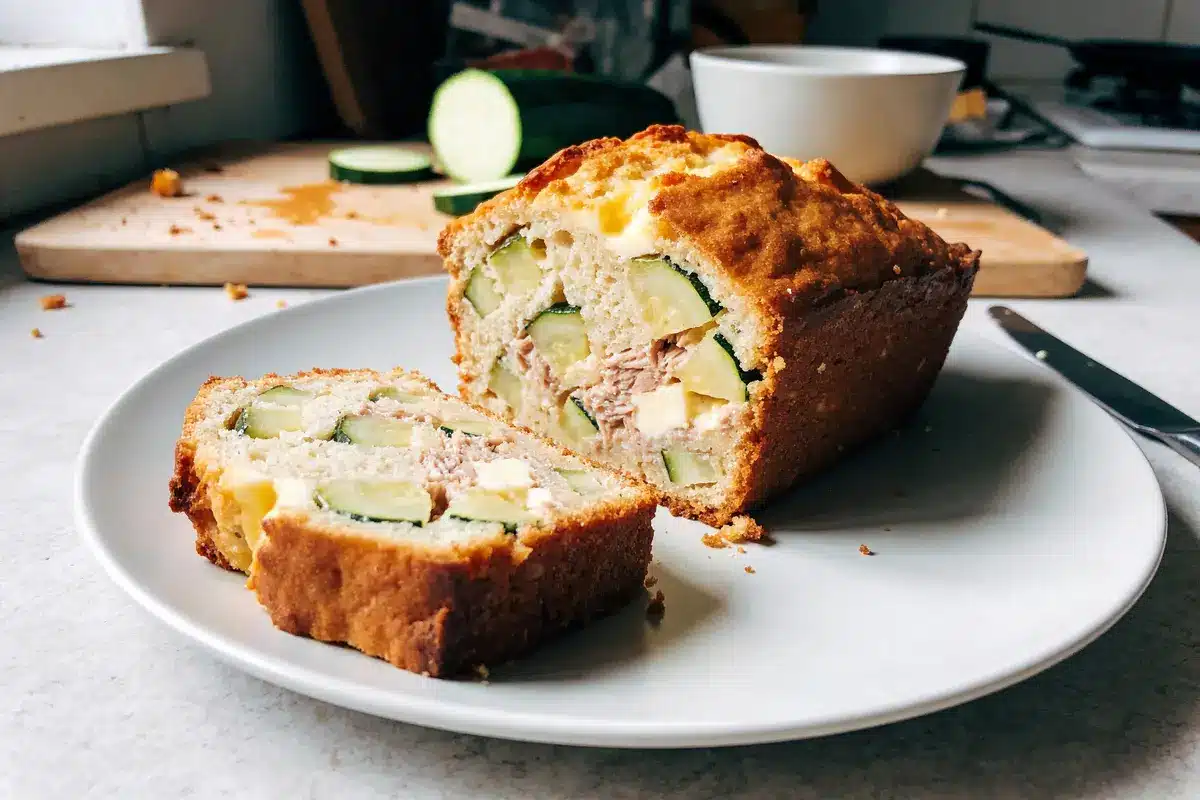 Cake salé à la courgette et fromage, posé sur une assiette blanche, planches en arrière-plan.