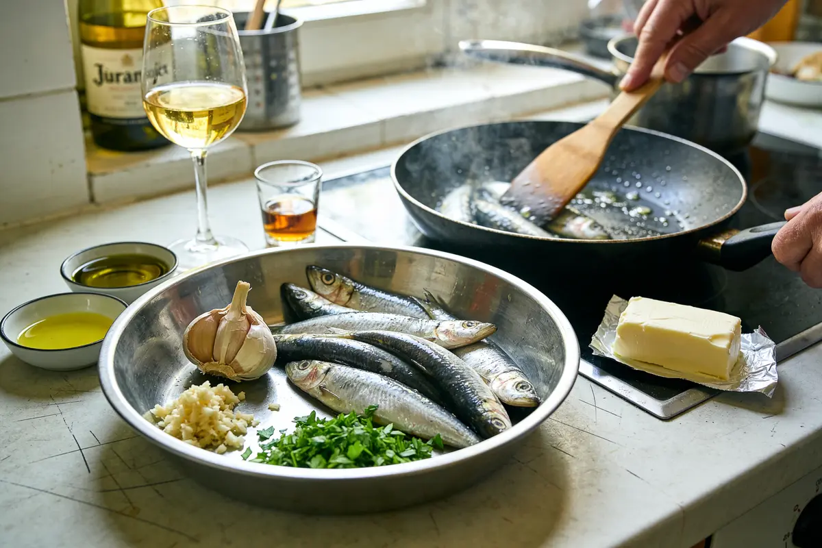 Poêle avec sardines, ail, herbes, huile, beurre, verre de vin blanc sur un plan de travail.