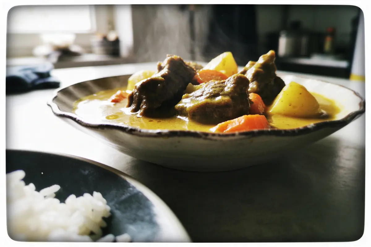Assiette de curry de bœuf avec carottes, pommes de terre, à côté d'un bol de riz blanc.
