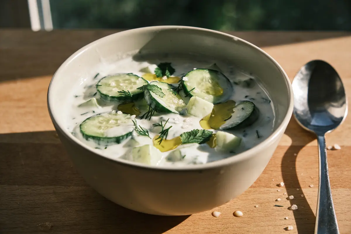 Bol de tzatziki avec concombres, herbes, huile d'olive, à côté d'une cuillère en métal sur une table en bois.