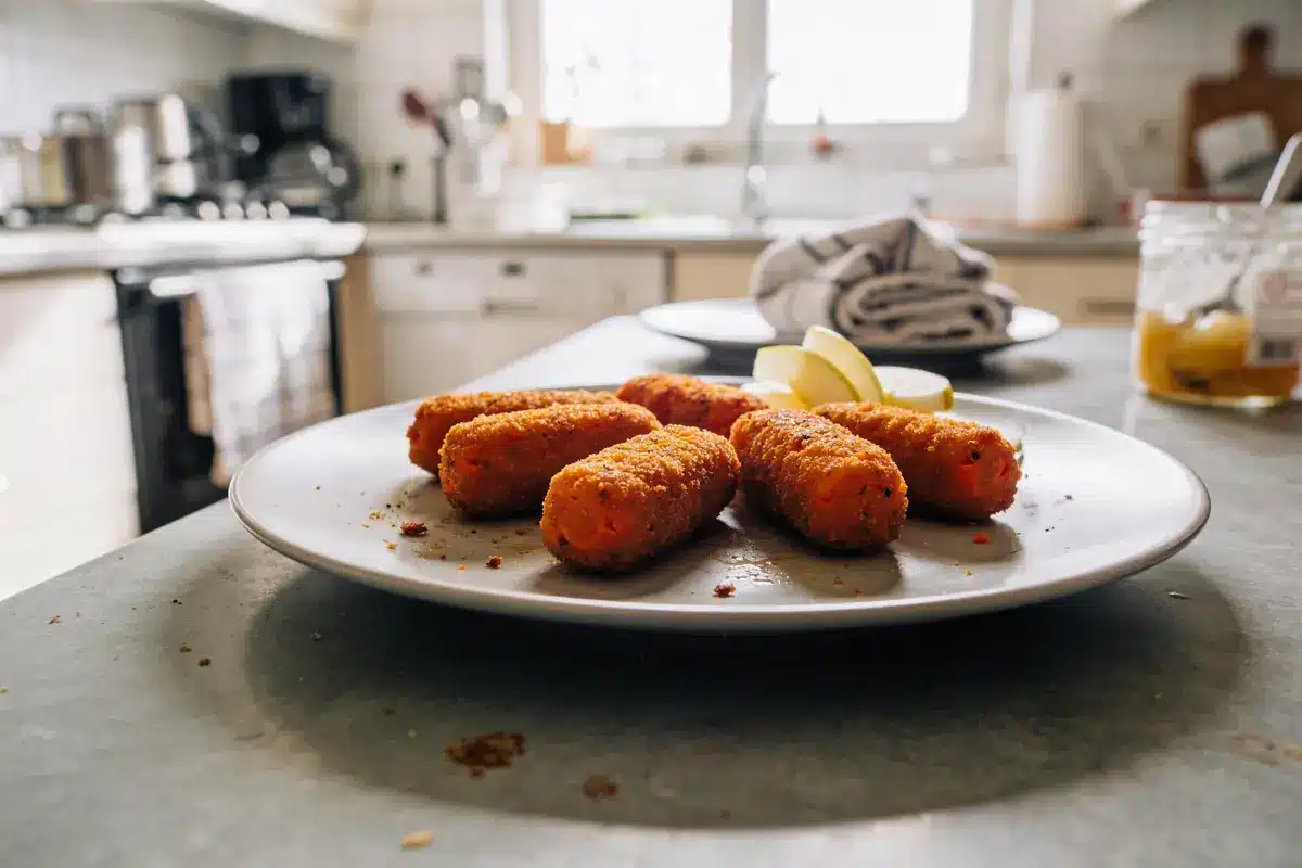 Assiettes de croquettes dorées avec rondelles de citron, cuisine en arrière-plan.
