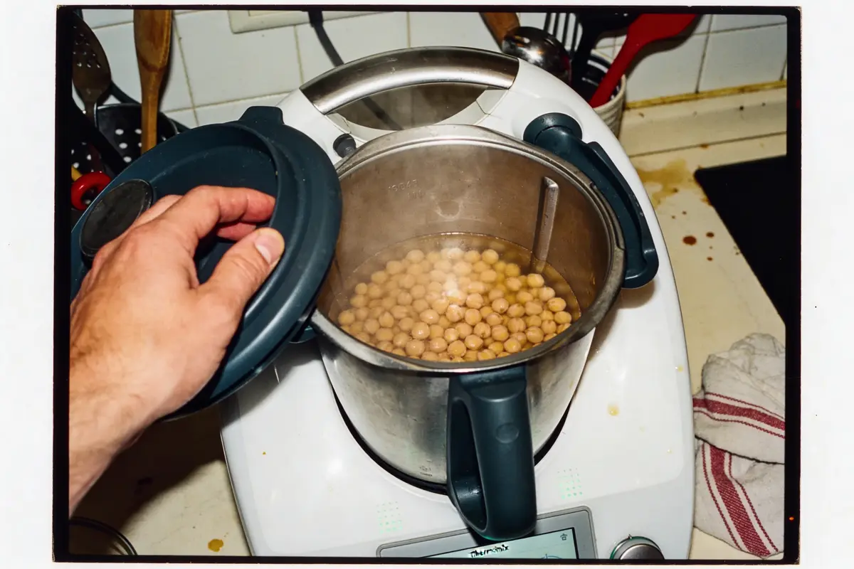 Main ouvrant un robot culinaire avec des pois chiches cuits à l'intérieur, vapeur visible, cuisine en arrière-plan.