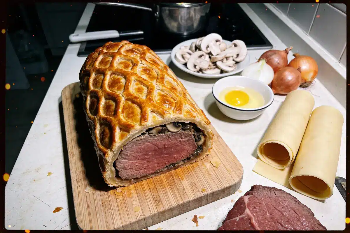 Boeuf Wellington tranché, planche à découper, champignons, pâte feuilletée, oignon et œuf sur un plan de travail.
