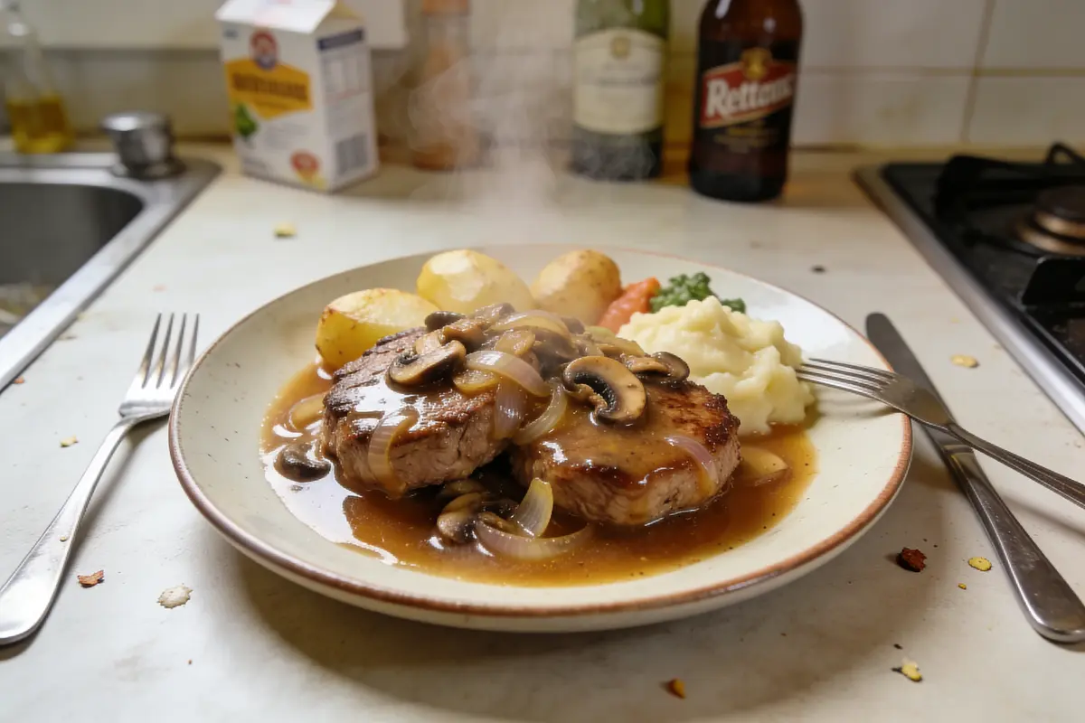 Assiette de steak sauce champignons, pommes de terre, purée, petits légumes, vapeur montante, cuisine en arrière-plan.