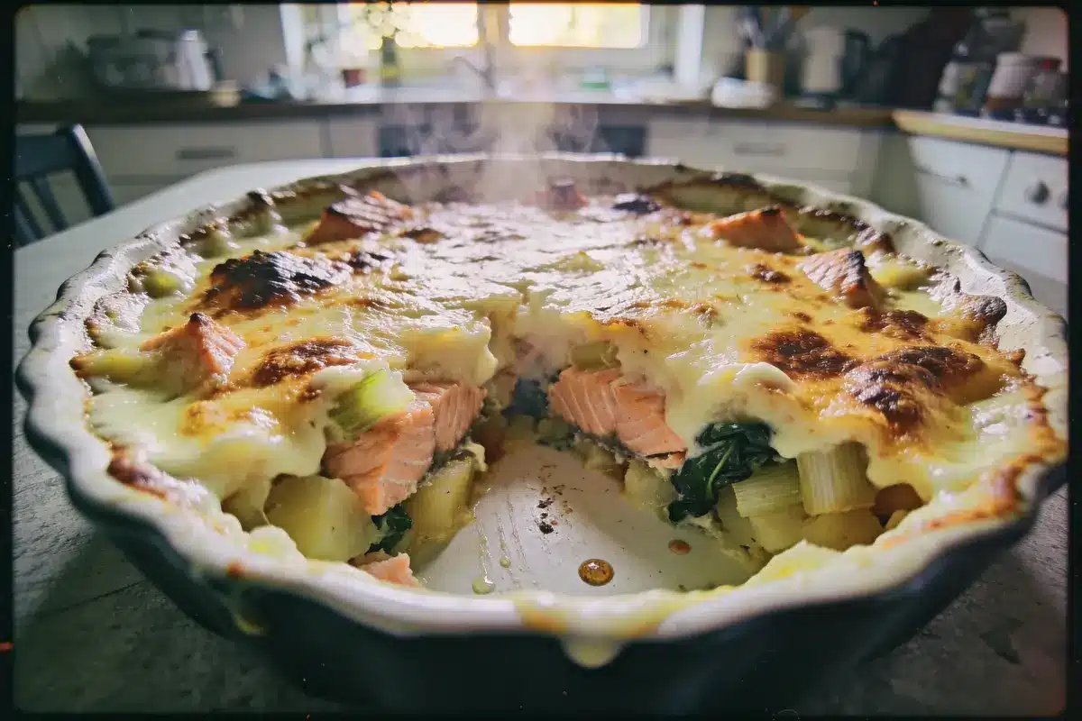 Plat gratiné au saumon, poireaux et pommes de terre, montrant une part manquante en cuisine.
