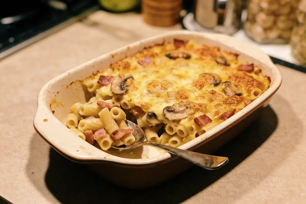 Gratin de pâtes au fromage, champignons, lardons dans plat en céramique avec cuillère sur table.