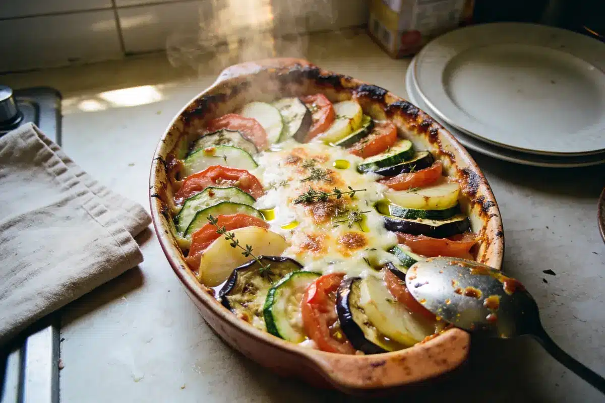 Plat de ratatouille gratinée avec légumes colorés, fromage fondu, posée sur une table de cuisine.